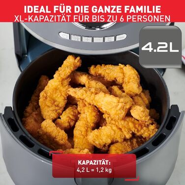 Tefal EY111B Ultra Fry Hot Air Fryer, Air Fryer, Frying, Roasting, Grilling, Baking, 1.2 kg for 6 people, 8 cooking programs, Digital display, energy-saving, healthy fryer without oil, Grey