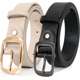 LEACOOLKEY: 2 жіночі шкіряні ремені з пряжкою Gold, для джинсів та штанів, чорний+бежевий, XXL, розмір 117-127 см