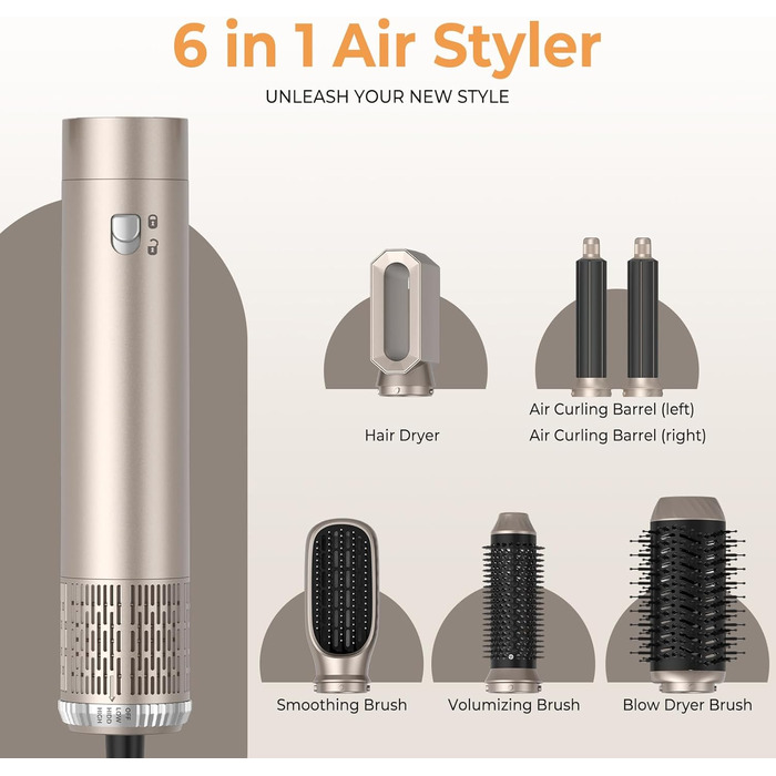 Фен-щітка 5-в-1 Airstyler Pro 1000W з іонізацією, 60000 обертів, для створення локонів та об'єму, сріблястий