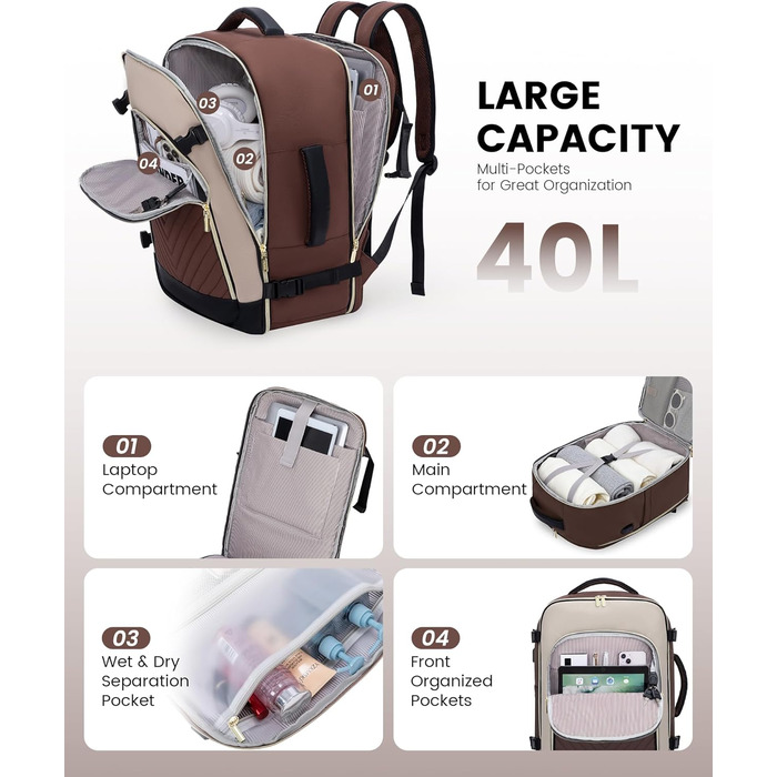 Рюкзак-валіза LOVEVOOK для жінок, 40L, ручна поклажа, водонепроникний, для ноутбука, подорожей, бізнесу (17.3 дюйми, темно-кававий, абрикосовий, чорний)