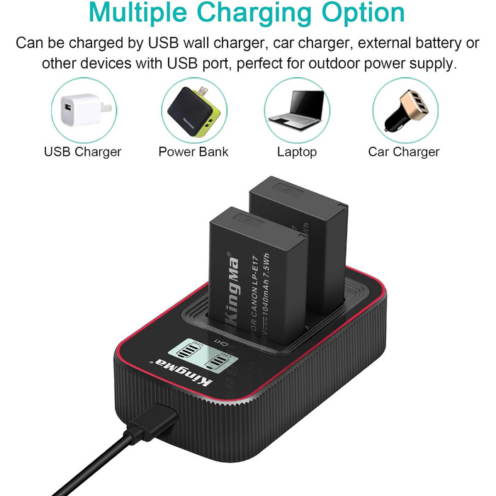 Зарядний пристрій Newmowa з LCD-дисплеєм Dual USB для Canon LP-E17 (EOS M3, M5, M6, 200D, 250D, 750D, 760D, 800D, Rebel T6i, T6s, 8000D, 9000D, Kiss X8i, Kiss X9, Rebel SL3)