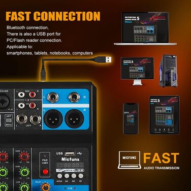 Міні аудіо DJ-мікшер 5-канальний з Bluetooth, USB, MP3, 48V фантомним живленням, стерео, для професійного студійного та сценічного використання, вечірок, KTV