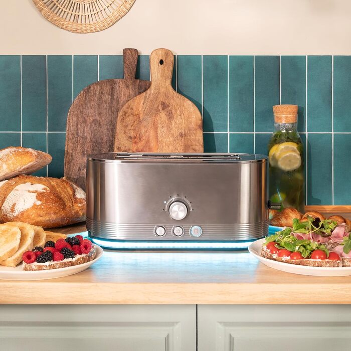 Cecotec Shine&Toast Extra Double stainless steel vertical toaster. 1400W, capacity for 4 slices, 3.8 cm wide slots, illuminated ring, 7 browning levels, upper bread rack.