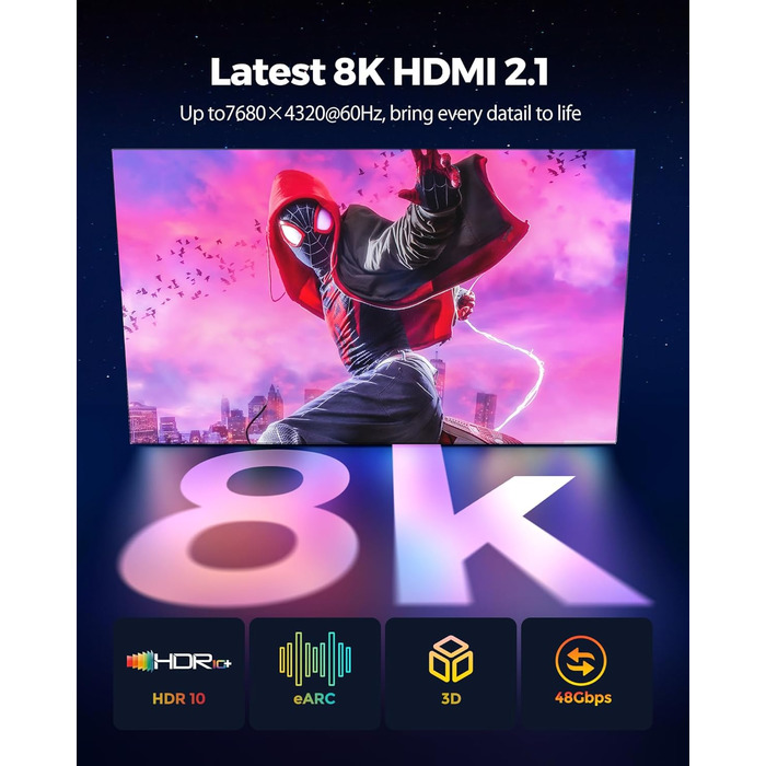 Кабель HDMI 8K Silkland 2.1 з підтримкою eARC - Сертифікований для PS5, Fire TV, HDTV, Laptop (10 метрів)