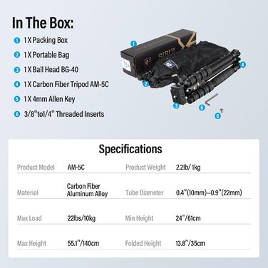 Штатив SIRUI AM-5C Carbon з кульковою головкою, 140 см, вантажопідйомність 10 кг