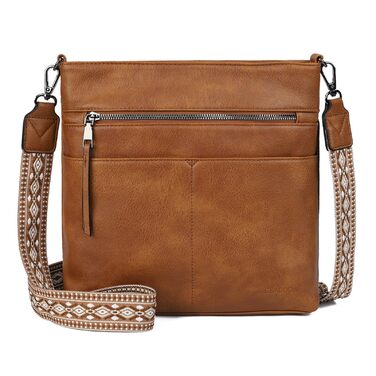 Сумка жіноча Gladdon шкіряна крос-боді середнього розміру коричнева з широким ременем та плечовим ремінцем