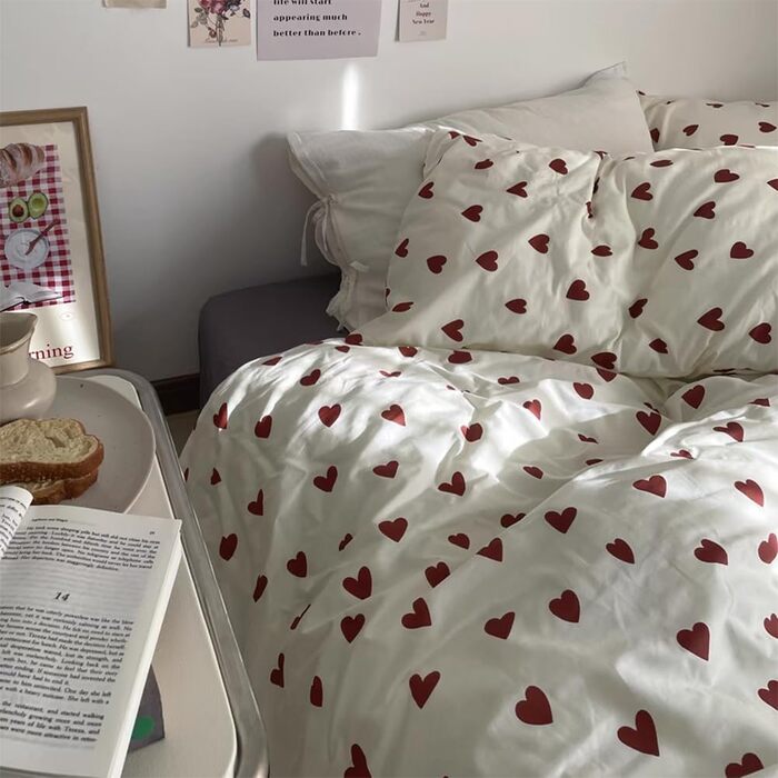Ashanlan Bedding Set 220x240 Cotton Hearts Red White Duvet Cover Aesthetic Heart Pattern Bedding Set and 2 Pillowcases 80x80 cm Double Bed with Zipper Red Hearts 220x240cm+2x80x80cm