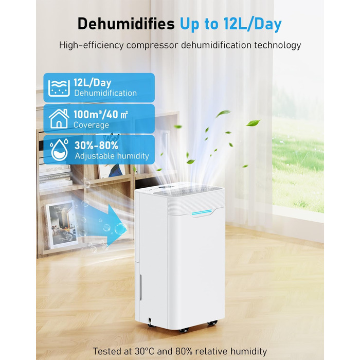Електричний осушувач повітря 12L/день з таймером 24 год, 3 режими, автоматичне вимкнення, шланг для зливу, для приміщень до 100 м³, білий