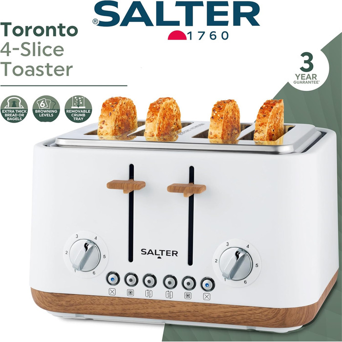 Тостер SALTER Toronto з широкими слотами, 6 режимів підсмажування, знімний піддон для крихт, функція розморожування, підігріву та відключення, самоцентрування, підйом, білий, UK-штекер