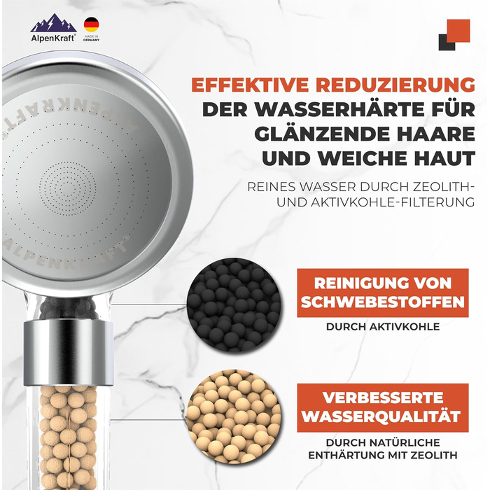 ALPENKRAFT Zugspitze Showerhead Original Made in Germany - Water-saving and pressure-enhancing showerhead - High-pressure showerhead with activated carbon and zeolite filter beads