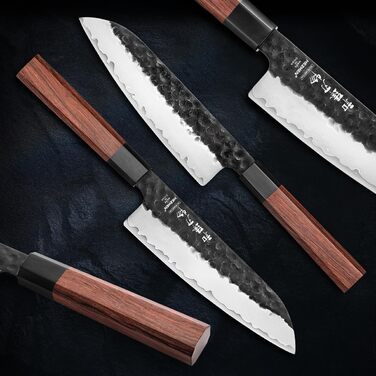 Японський ніж Santoku 18,5 см Hezhen, кухонний, з кованого сталі, з дерев'яною ручкою