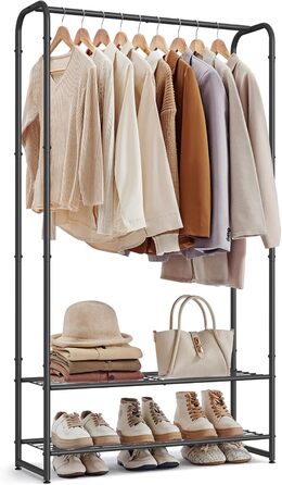 SONGMICS Clothes Rack, Open Wardrobe, Clothes Rail, Coat Rack with Shelves, Metal Clothes Rack, Freestanding, Matte Black LGR462B01 (73B cm)