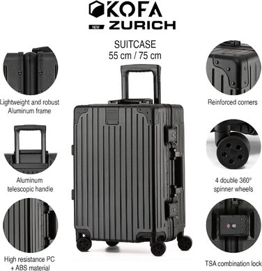 KOFA Zurich: Набір валіз 2 шт. (M-55см, XL-75см) з алюмінієвим каркасом та міцною полікарбонатною оболонкою. Carry-on + Check-in, спіннер з 4 колесами, TSA-замок, 35L + 94L (Чорний)