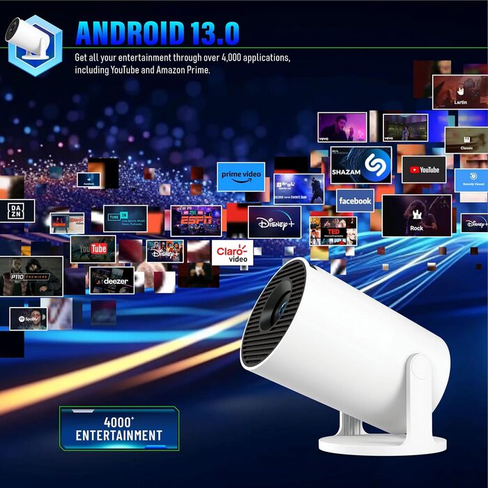 Портативний проєктор HY300 Pro+ Mini: 1080P, 200 ANSI, Android 13, Wi-Fi 6, BT5.2, Автоматичне вирівнювання, для кіно на відкритому повітрі та підключення до телефону