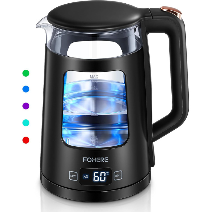 Electric Kettle with Temperature Control - 1.7L Glass Kettle with Keep Warm Function, 2200W Fast Boil, Auto Shut-Off & Dry Boil Protection, 5 Color LED Lights - Black