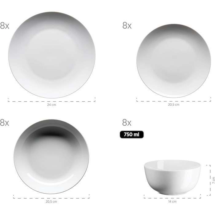 MÄSER Barca Series, Extensive Dinnerware Set for 8 People, 68-Piece Combination Service in a Modern, Rimless Shape, Round, White Complete Service 68-Piece, 8 People.