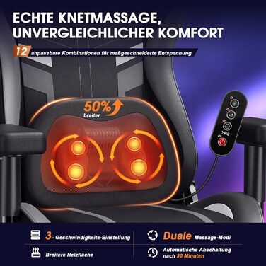 Ігровий крісло Douxlife з масажем та підігрівом, ергономічний офісний крісло з підніжкою, регулювання 90°-175°, підлокітники 2D, для геймерів, 181 кг, сірий