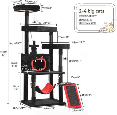 Кігтеточка YITAHOME Готичний XL, 160 см, велика та стійка, з 4 колонами з сизалю, 1 дощечкою для шліфування, гамаком, 2 підвісними кулями-павуками, платформами для сну, чорна, 48 x 60 x 160 см