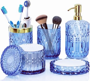 Набір аксесуарів для ванної кімнати Qivine 5 шт., блакитний: стакан для зубної пасти, дозатор мила, контейнер для ватних паличок. Сучасний набір скляних аксесуарів для ванної кімнати