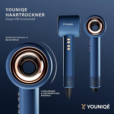 Фен YOUNIQÉ 5-в-1 з іонізацією, насадки для локонів, випрямлення, дифузор та концентратор, 1600W, LED, 4 температурні режими, магнітні насадки, ергономічний дизайн, блакитний/золотий
