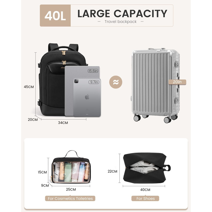 Чорний жіночий рюкзак OVEVOOK для подорожей та ділових поїздок, 40л, з відділенням для ноутбука, водонепроникний