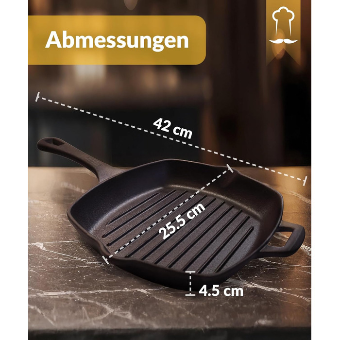 Чавунна гриль сковорода Chefarone 25.5 см з носиком – емальована сковорода для стейків, підходить для індукції, газу, склокераміки та духовки