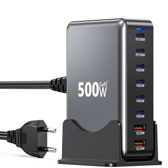 Зарядний пристрій USB-C 500W, 8 портів, GaN PD PPS, для MacBook Pro/Air, iPad, iPhone 15/16, Galaxy S23 - чорний