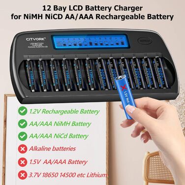Зарядний пристрій CITYORK для акумуляторів AA/AAA з LCD-дисплеєм, 12 слотів, NI-MH/NI-CD, з розрядом та захистом IC