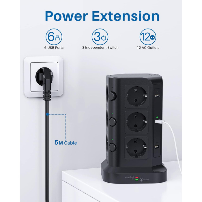 KOOSLA Тур Steckdosenturm 12 Fach з USB (6x) та захистом від перенапруги (4000W/16A) для офісу, кухні, столу, 5м, чорний