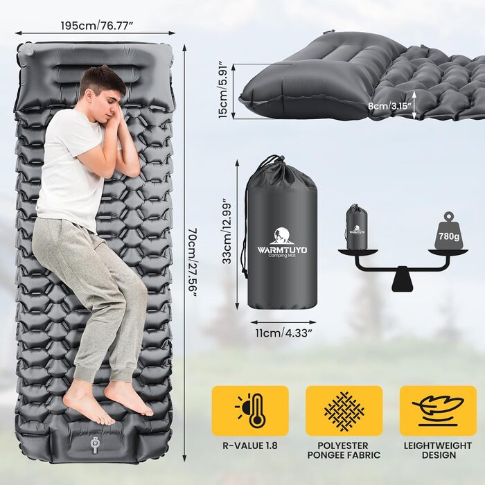 Isomatte Camping Self-Inflating Sleeping Pad - 12cm Thick, Compact, Waterproof Air Mattress with Foot Pump & Pillow - Ripstop Anti-Tear Sleeping Mat for Hiking & Beach (Gray)