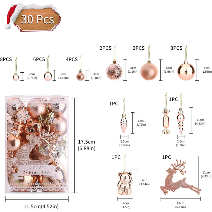 30 шт. Новорічні кулі Рожеве золото, прикраси для ялинки, 3см, 4см, 6см, міцні, для дому та святкування
