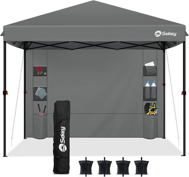 Sekey One-Touch Pop-Up Pavilion 3x3 Waterproof, Winter-Proof, Foldable 3x3m Pavilion with Thickened Tubes, Party Tent Pavilion for Camping, Festival, Party (Gray, with Back Wall)