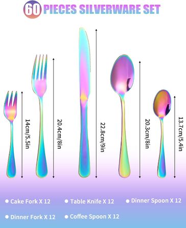 12-Person Flatware Set, 60-Piece Fantasy Color Flatware, High-Gloss Polished and Dishwasher Safe, Elegant Fantasy Color Matte Flatware, with Knife, Fork, and Spoon, for Home, Party, Restaurant