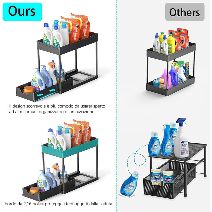 Dish Cabinet Organizer - 2 Pack Under Sink Shelf Organizer - Pull Out Storage Shelf Organizer with 16 Hooks, Black