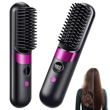 Бездротова випрямляюча щітка LOPHE з LED-дисплеєм, 3 температурні режими, для волосся та бороди, білий (чорно-фіолетовий)