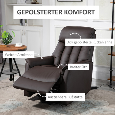 HOMCOM Electric Recliner Chair, TV Recliner with Lift Assist, Recliner with Lie-Flat Function, Faux Leather, Brown, 80 x 94 x 104 cm | Aosom