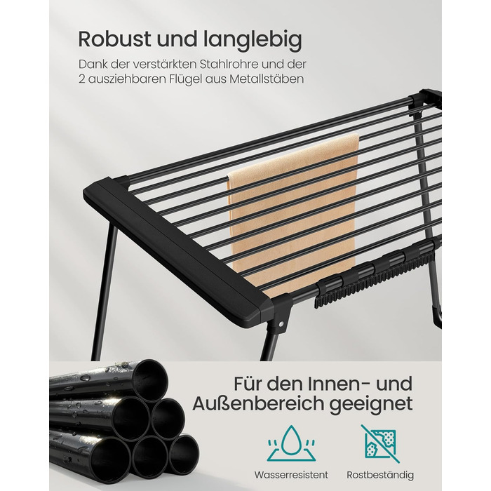 SONGMICS Сушарка для білизни, металева, 52.5 x 173 x 96.5 см, з крилами, для одягу, рушників, шкарпеток, чорна (LLR518G01)