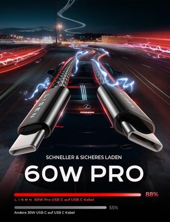 Набір USB-C кабелів LISEN 60W (4 шт.): 0.5м, 1м, 1м, 2м. Підтримка PD 3.0. Сумісний з iPhone, Switch, Samsung, Pixel, MacBook, iPad, Xiaomi. Чорний.