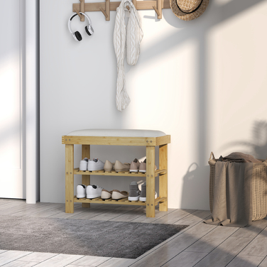 HOMCOM Shoe Cabinet with Seat, Bamboo Bench with Storage, Shoe Rack with 2 Open Compartments, Bench, Bank, Coat Room Bench for Living Room, Hallway, 60 x 29 x 49 cm Cream White | Aosom