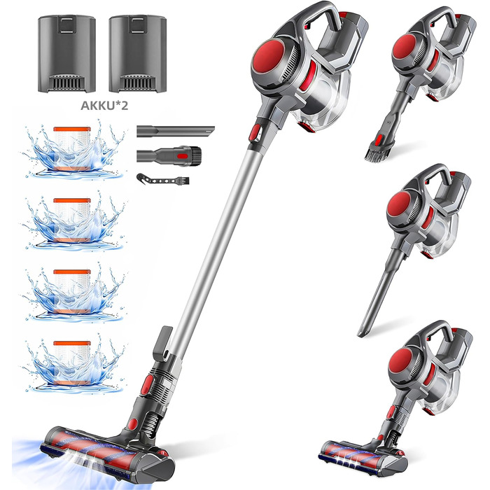 Бездротовий пилосос Authmic 40000Pa з акумулятором, час роботи до 50 хв, об'єм контейнера 1.6 л, HEPA фільтр×4, для килимів, твердих поверхонь, шерсті тварин (темно-червоний)