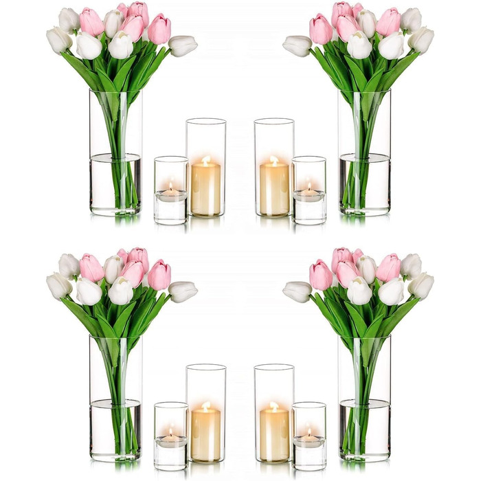 Candle Holders Glass Candle Holders Candle Stands Glass Cylinders: Romadedi 12-Piece Set of Candle Holders for Pillar Candles, Floating Candles, Candle Glass Vase for Wedding Party Dining Table Table Decoration Living Room Decor