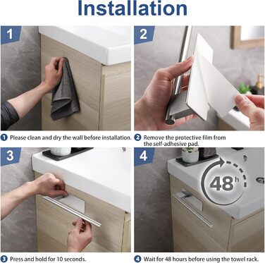 Тримач для рушників без свердління, на клейкій основі, 28 см, нержавіюча сталь, срібляний, односторонній