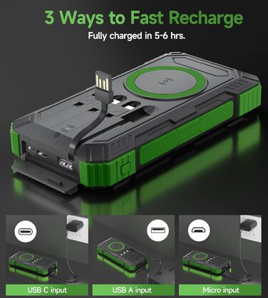 Портативний зарядний пристрій Solar Powerbank 56800mAh з бездротовою зарядкою, 30W PD, 6 виходів, ліхтарик, велика ємність для кемпінгу та подорожей (Зелений)