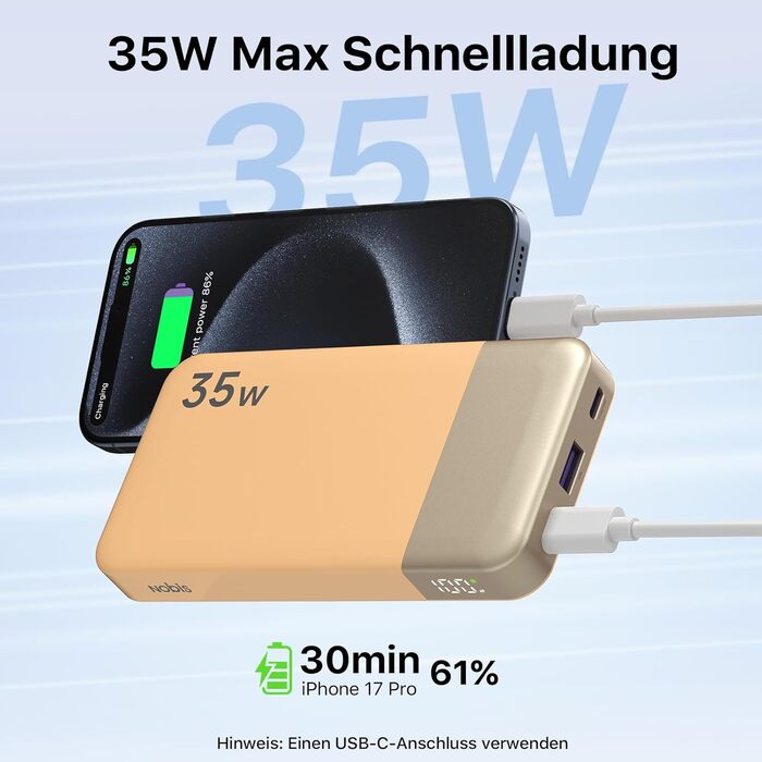 Power Bank Nobis 35W 10000mAh з двома USB-C, USB-A та цифровим дисплеєм (Оранжевий)