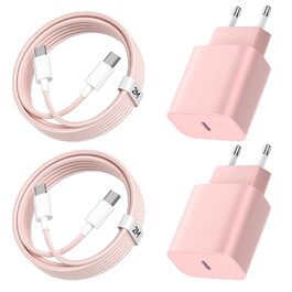 Зарядний пристрій USB-C 20W з кабелем Type-C 2м для iPhone 16/15/Pro/Air (Рожевий) - 2 шт.