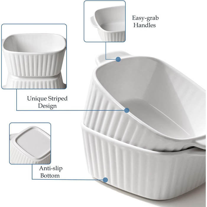 Набір форм для запікання NUTRIUPS 400мл (4 шт.) з кераміки, 14.5 x 11.5 x 5.5 см, квадратні, з ручками, для духовки та мікрохвильовки (білі)