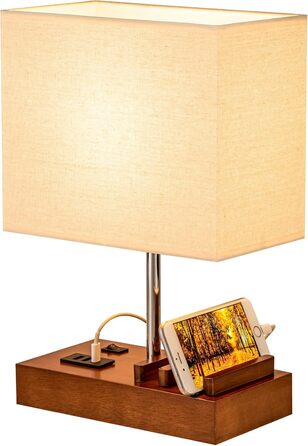 Настільна лампа Dreamholder з 3 USB-портами (A+C), підставкою для телефону, для спальні, вітальні, офісу, з натуральним дерев'яним цоколем та тканинним абажуром (цоколь з горіхового дерева)