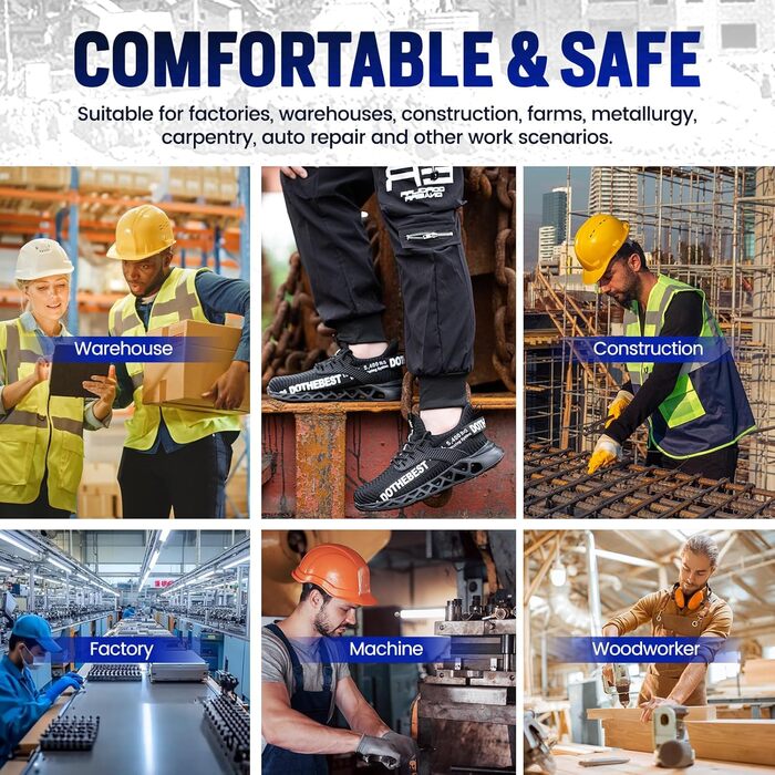 Черевики робочі Furuian для чоловіків та жінок, легкі, спортивні, дихаючі, зі сталевим підноском, антиковзкі, фітнес-кросівки, чорні, 38.5 EU