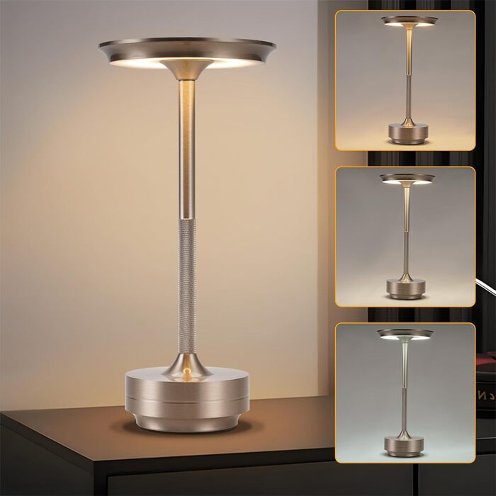 Настільна лампа бездротова LED з сенсорним керуванням, диммуванням та USB зарядкою, нікель, 2 шт. для вітальні, спальні, дитячої кімнати