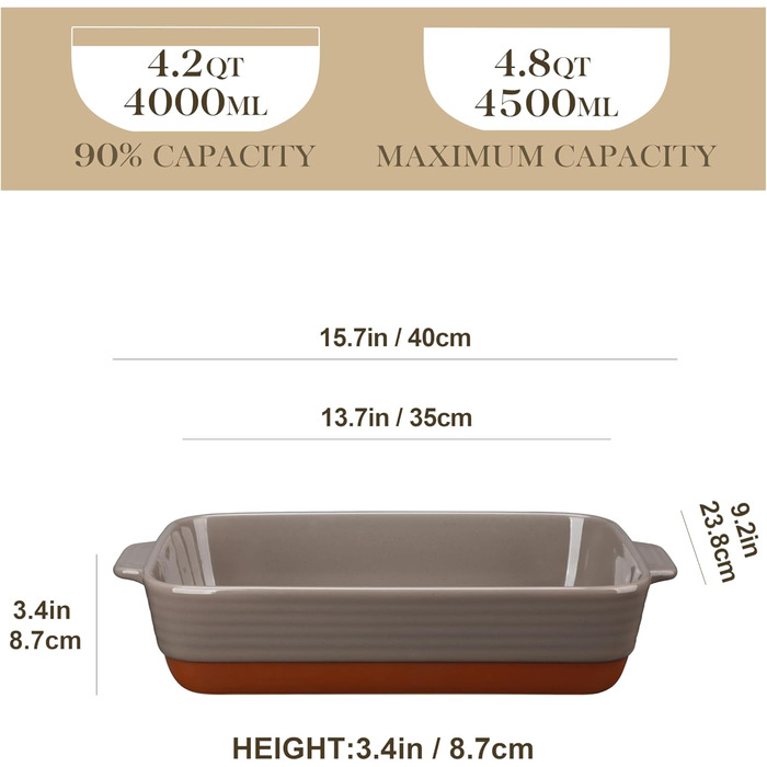 Форма для запікання MALACASA Serie TARA, 4.5L, кераміка, 35*23.8 см, для лазаньї та тірамісу